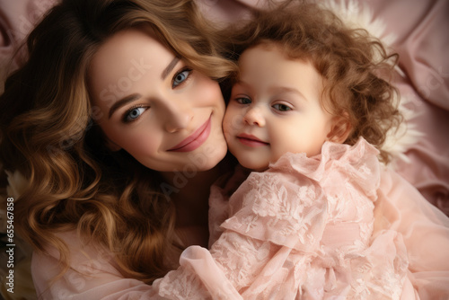 Woman is seen holding little girl dressed in pink dress. This heartwarming image captures bond between mother or caregiver and child. Perfect for family-related projects or parenting articles
