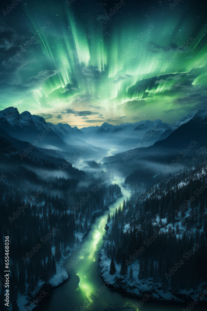 Aurora Borealis and magical Northern Lights waving in the night sky over a wild and foggy northern valley with a frozen river, snow and pine trees