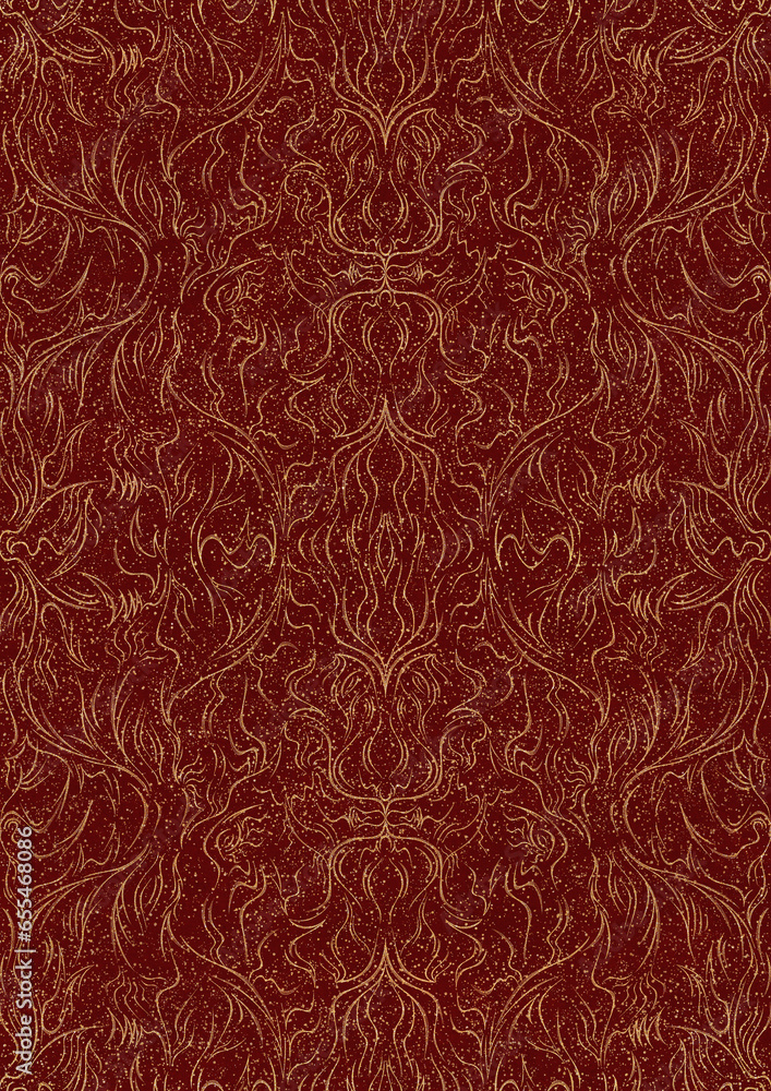 Hand-drawn unique abstract symmetrical seamless gold ornament and splatters of golden glitter on a deep red background. Paper texture. Digital artwork, A4. (pattern: p11-1d) Hand-drawn unique abstract symmetrical seamless gold ornament and splatters of golden glitter on a deep red background. Paper texture. Digital artwork, A4. (pattern: p11-1d)