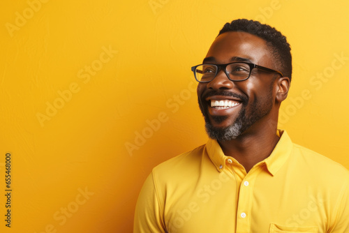 Picture of man wearing glasses and yellow shirt. Suitable for various uses