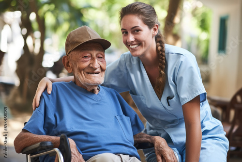 Nurse is providing help and support to elderly man seated in wheelchair. Compassionate care and assistance provided by healthcare professionals to elderly or disabled individuals