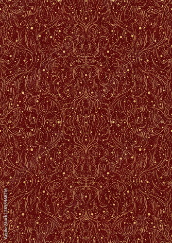 Hand-drawn unique abstract symmetrical seamless gold ornament and splatters of golden glitter on a deep red background. Paper texture. Digital artwork, A4. (pattern: p11-2d)