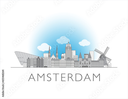 Amsterdam cityscape line art style vector illustration