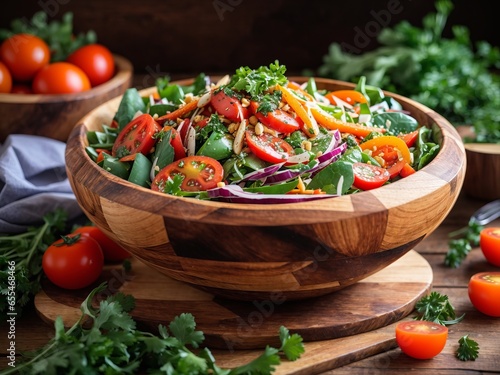 A vibrant and colorful vegetable salad in a rustic wooden bowl, with a mix of fresh greens, juicy tomatoes, and crunchy carrots, topped with a drizzle of tangy vinaigrette.
