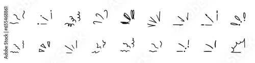 Fototapeta Naklejka Na Ścianę i Meble -  Hand drawn doodle starburst icons rays of light, curly lines, and surprise elements. manga, headlines, or round sparkle. Flat vector illustration isolated on white background.
