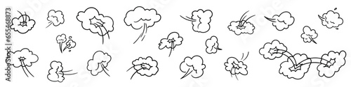 Comic boom effect cartoon style clouds, smoke, and speed lines. motion, explosions, bangs, puff effects in doodle line. Flat vector illustration isolated on white background.