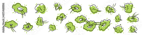Cartoon icon of stinky green cloud bad odor, farts, or toxic gas. Smell or poison. Flat vector illustration isolated on white background.