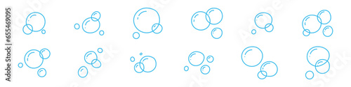 Hand drawn doodle of soap bubbles and foam in the air, bath or soda. Icons for water and soda. Flat vector illustration isolated on white background.