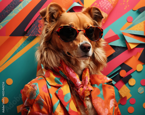 Colorful collage illustration of a happy dog, wearing sunglasses. © bugrakaan