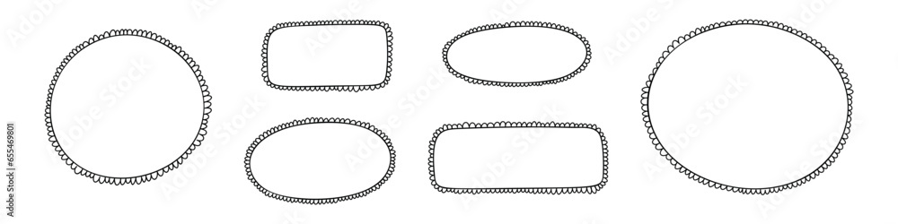 Hand drawn scallop edge frame circles and rectangles. labels, ribbons, or paper crafts. Flat vector illustration isolated on white background. Hand drawn scallop edge frame circles and rectangles. labels, ribbons, or paper crafts. Flat vector illustration isolated on white background.