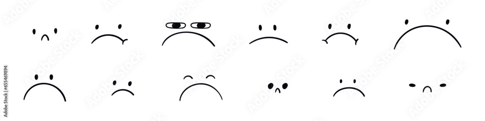 Set of cartoon character faces with emotions like sadness with doodle eyes. Flat vector illustration isolated on white background. - obrazy, fototapety, plakaty 