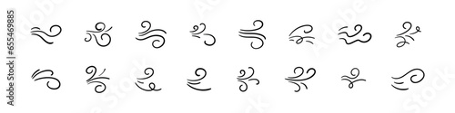 Wind and air flow icons gusts, scent and motion elements for freshness or speed. Flat vector illustration isolated on white background.
