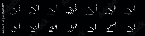 Hand drawn doodle line icon starburst with rays, exclamation marks, and curly elements. for highlighting headlines or adding of manga sparkle and surprise. Flat vector illustration isolated