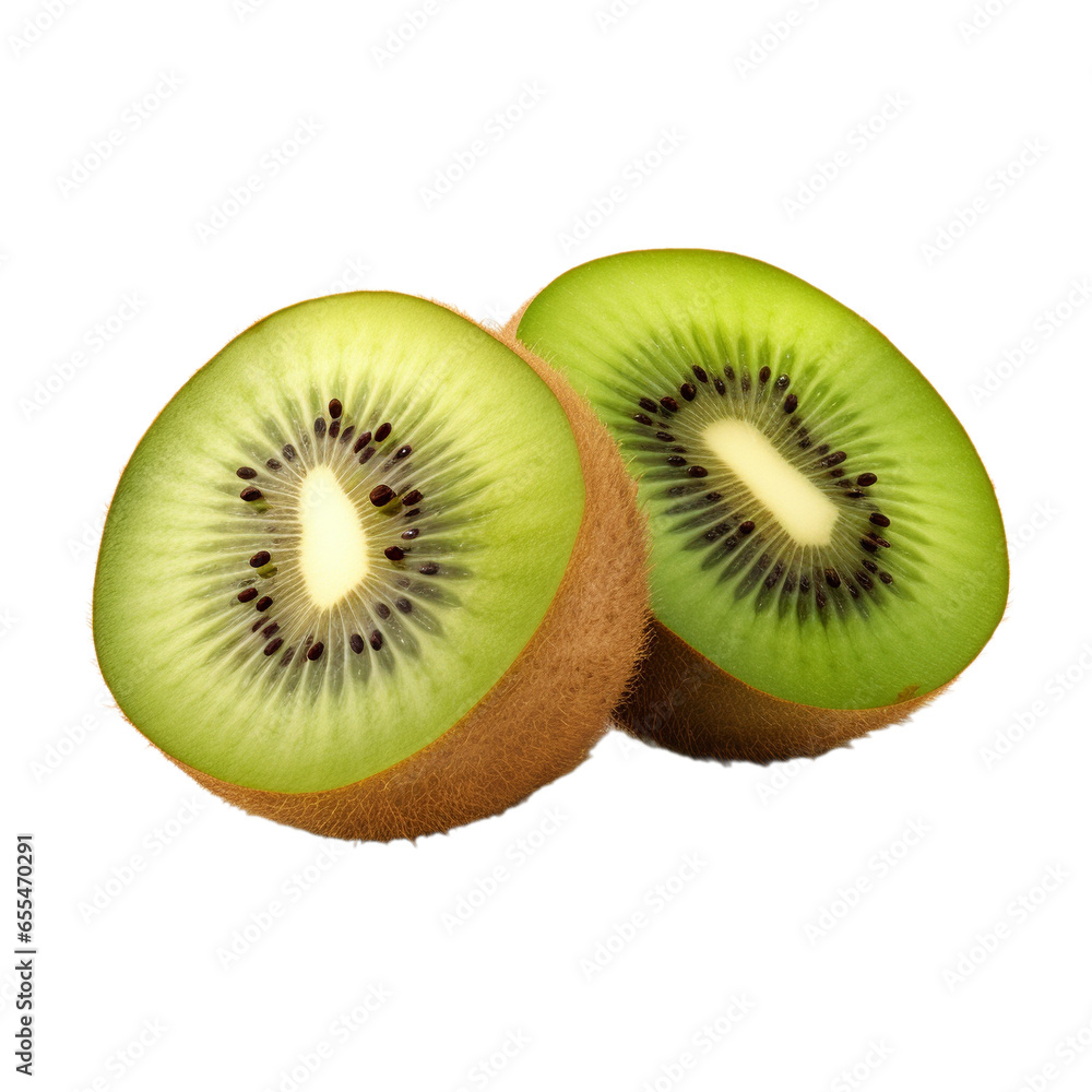 Fototapeta premium ripe kiwi with a half of kiwi isolated on white background, ai generated