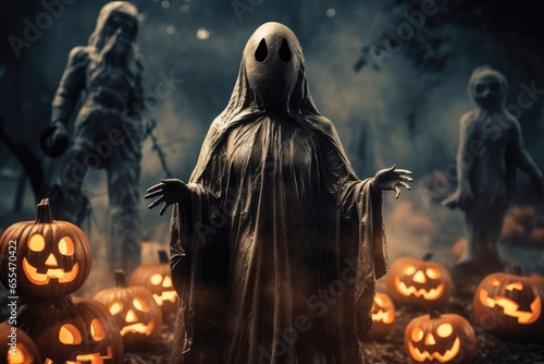 skull ghost death in Halloween, pumpkin head Jack-lantern candles burning.