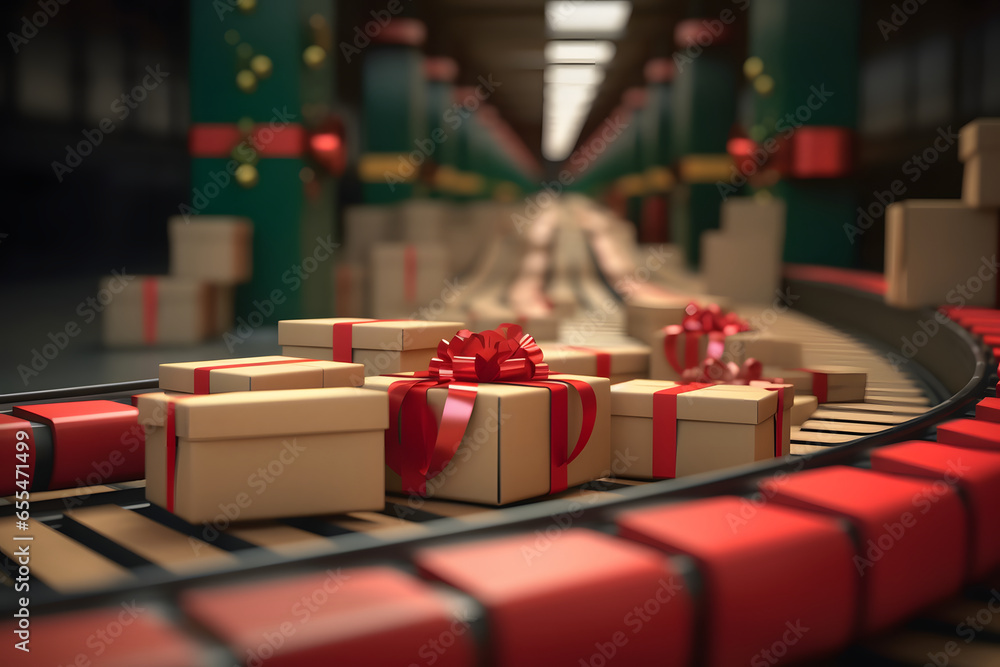 Christmas gifts and a distribution band in a delivery warehouse