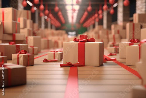 Christmas gift boxes on conveyor belt of parcel delivery warehouse