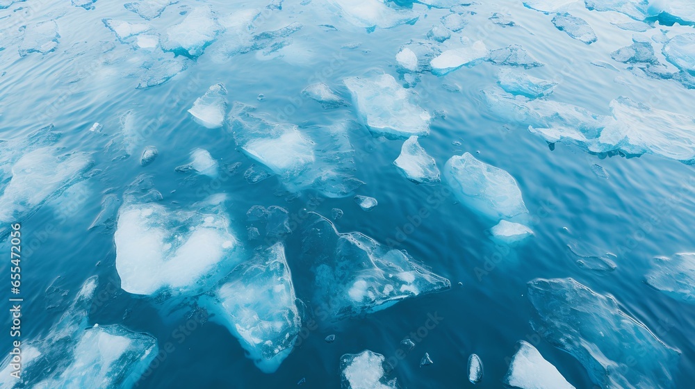 Fototapeta premium Top-down view of icebergs floating in sapphire Arctic waters. beautiful and marvelous still sea and ice floes. generative AI
