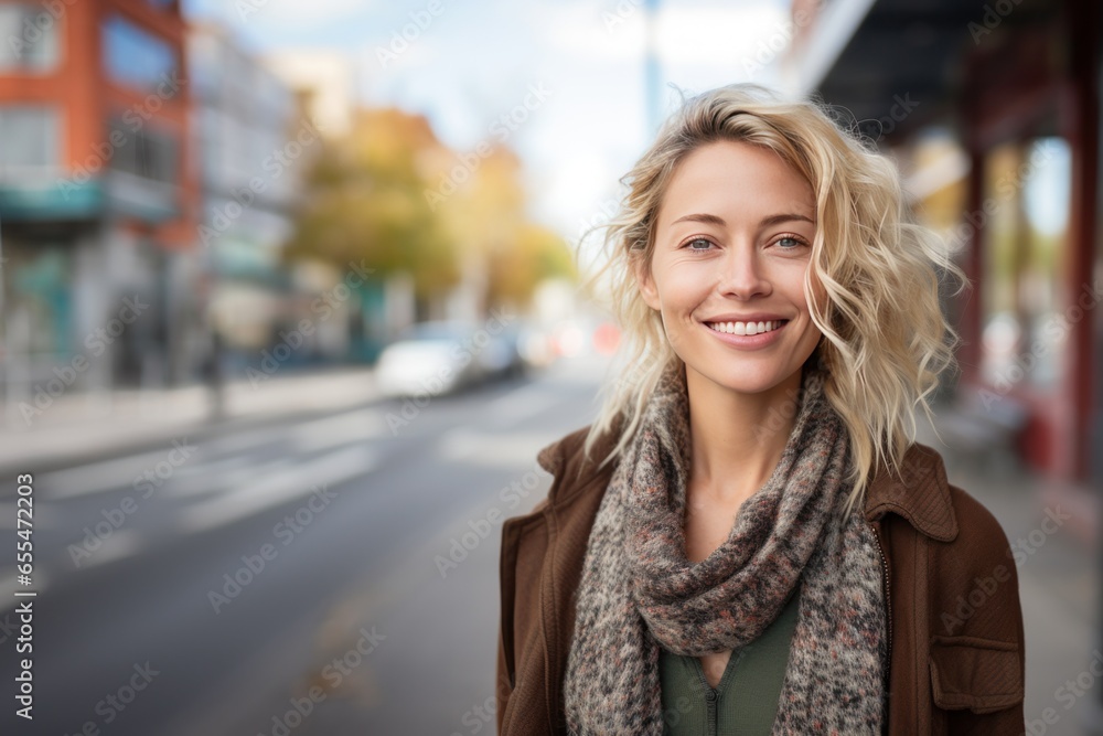 Woman smile happy face portrait on city street Woman smile happy face portrait on city street