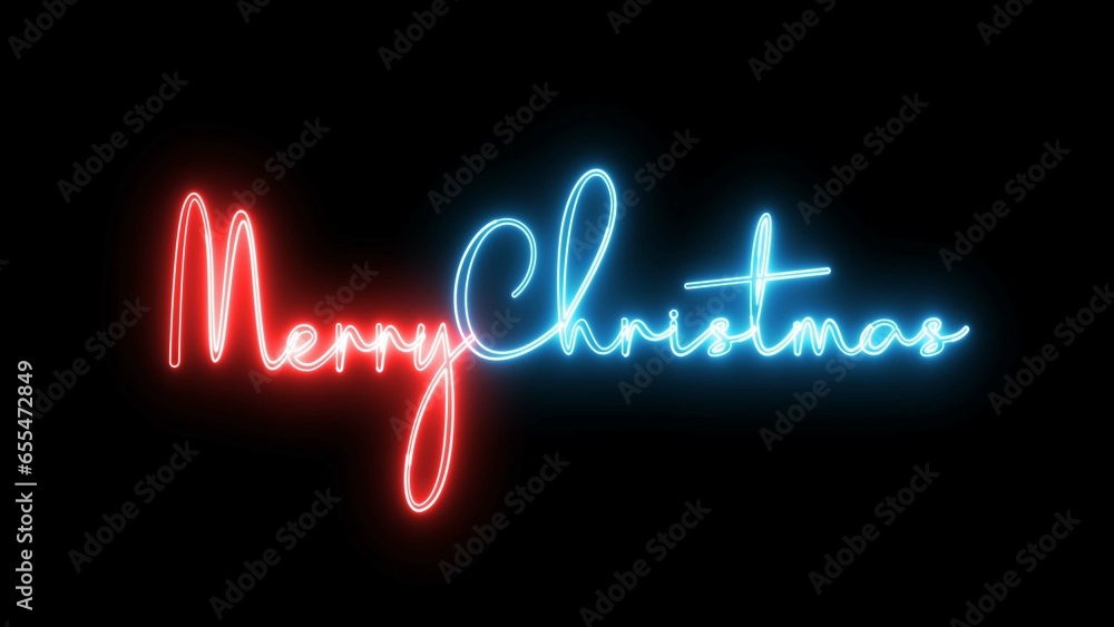 Merry Christmas text font with neon light. Luminous and shimmering haze