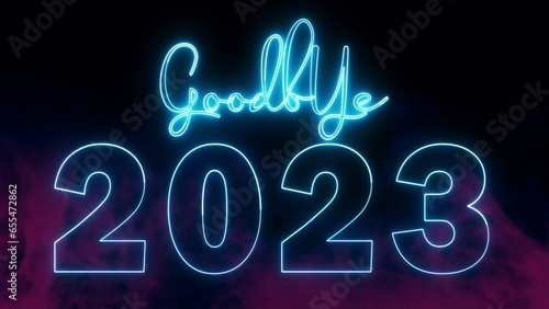 Goodbye 2023 text font with neon light. Luminous and shimmering haze inside the letters of the text Goodbye 2023. 2024 Chirstmas. photo