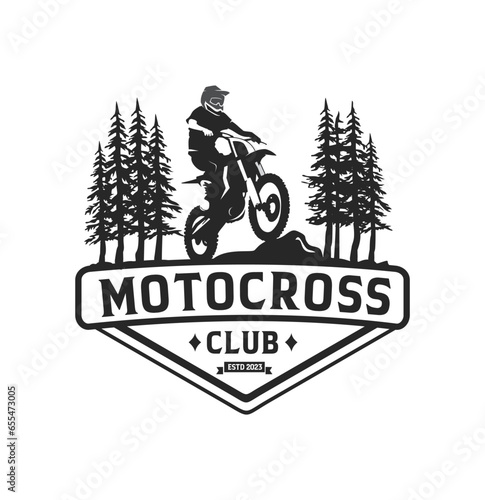 Motocross silhouette in the forest logo design template
