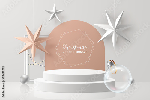 Christmas podium mockup with decorations. Creative Christmas background for product display. Realistic 3d style. Ideal for packaging presentation, marketing, ad. Vector illustration.