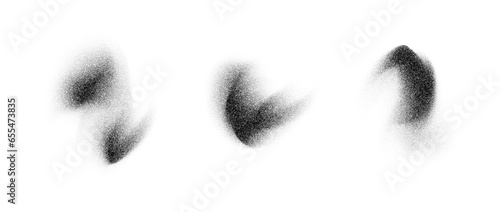 Abstract textured smudge elements. Noise grain stippled gradient stains set. Black and white dotted spray and sand dust spots. Halftone splatter forms collection. Vector dot work splash shapes pack