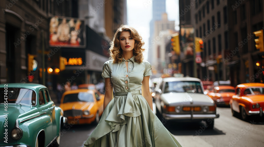 Fototapeta premium Generative AI, beautiful young woman dressed in 50s retro style with stylish hair stands on the street of old new york with cars, vintage fashion, feminine girl, designer dress, skirt, pin up