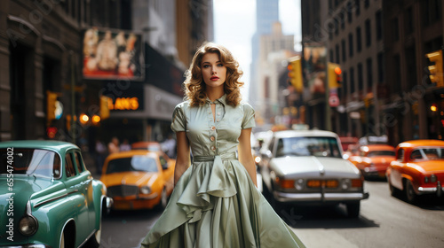 Generative AI, beautiful young woman dressed in 50s retro style with stylish hair stands on the street of old new york with cars, vintage fashion, feminine girl, designer dress, skirt, pin up photo