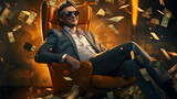 Confident entrepreneur in sunglasses smirks, surrounded by money falling from the sky. Money to burn or passive income concept.