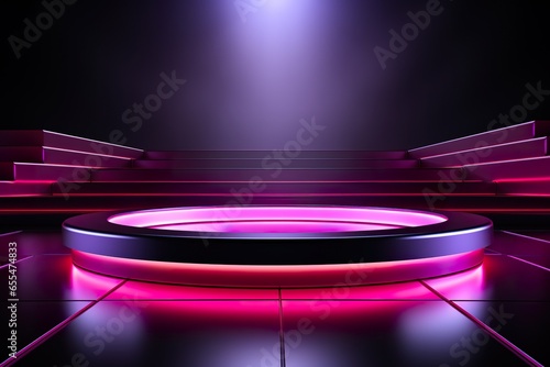 3D podium on stage background, geometric shape for product display presentation, Minimal scene for mockup products, stage showcase, promotion display, neon light background