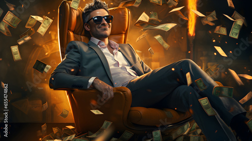 Fotografering Confident entrepreneur in sunglasses smirks, surrounded by money falling from the sky