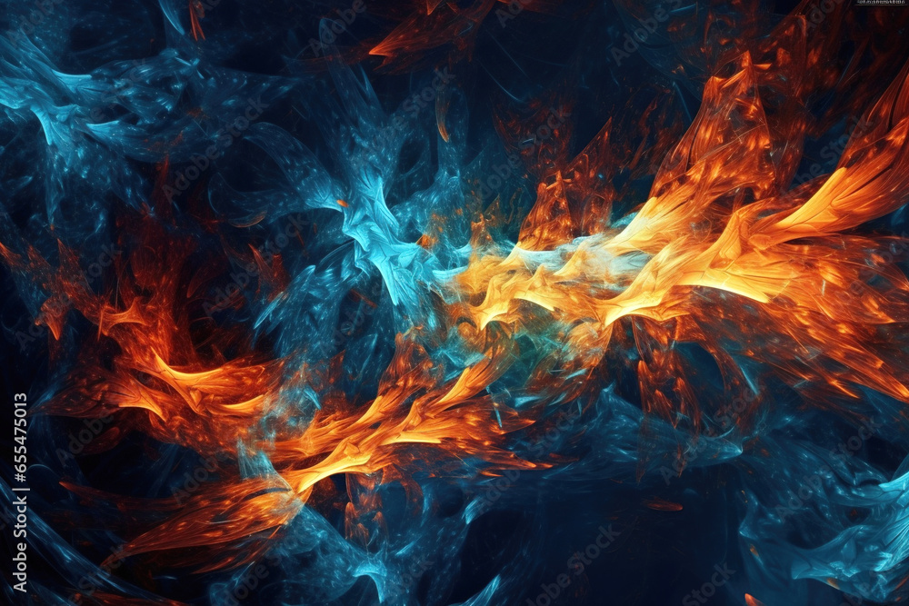 Abstract particle technology lines of fire background yellow and blue
