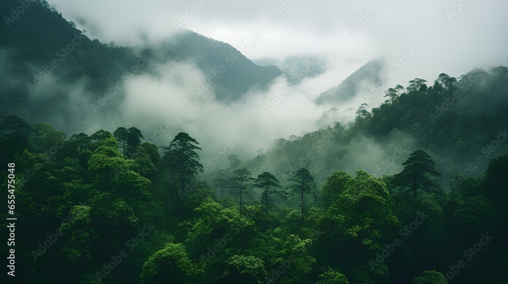 dark, dense rainforest with misty clouds skimming the treetops. vast and beautiful natural landscape. generative AI dark, dense rainforest with misty clouds skimming the treetops. vast and beautiful natural landscape. generative AI
