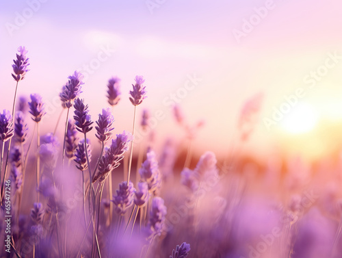 lavender field and the sunset behind. generative ai