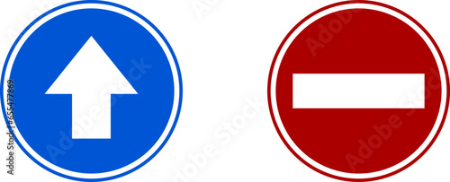 Blue Enter Here This Way and Red Do Not Enter Stop Door Entrance and Exit Round Sticker Adhesive Sign Icon Set. Vector Image.