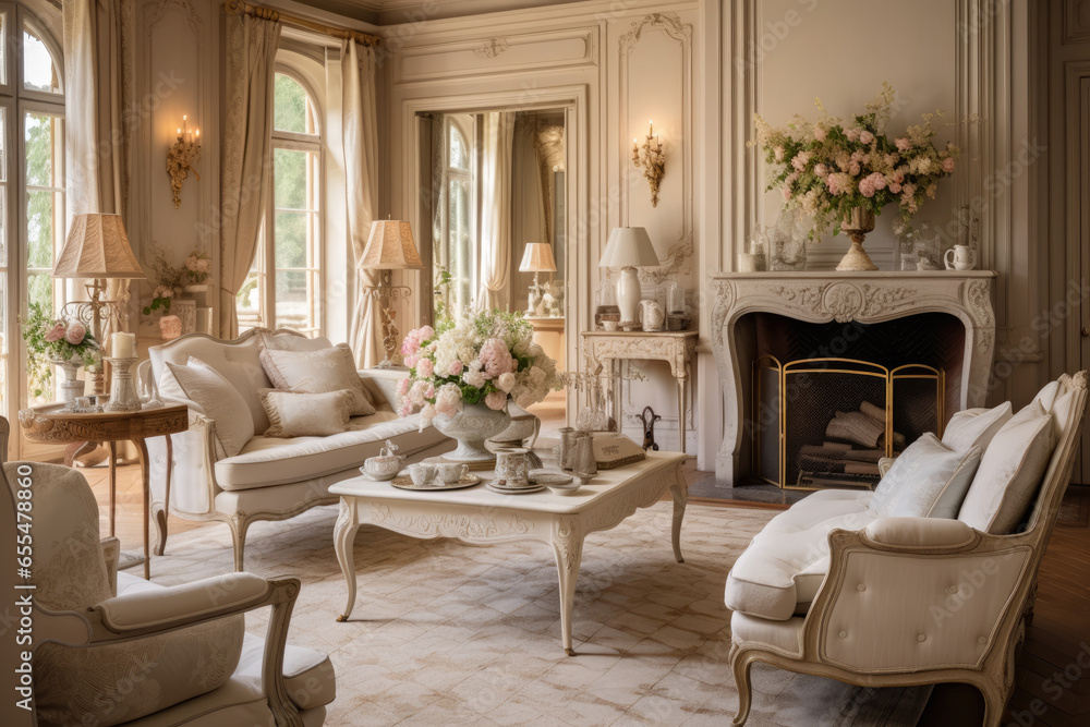 Fototapeta premium Elegant French Provincial Living Room Interior with Vintage Charm, Timeless Beauty, and Cozy Comfort Featuring Hardwood Floors, Distressed Finishes, and Plush Seating.