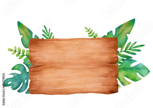 Photography Wooden board with leaves watercolor hand drawn