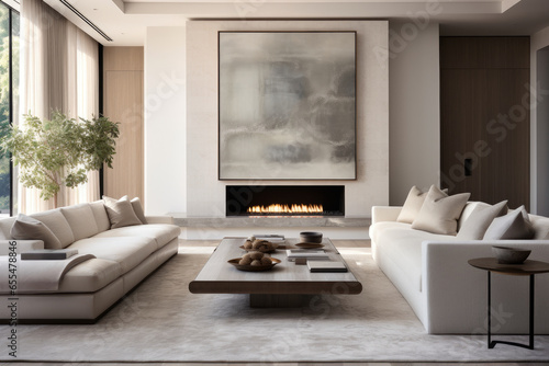A Contemporary Living Room Oasis: Serene Interior with Sleek Lines, Cozy Textures, and Abundant Natural Light, Featuring Stylish Rug, Minimalist Furniture, and Artful Decor.