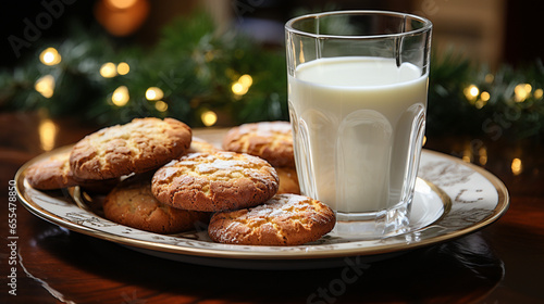 Sugar Cookies and Milk on a Small Plate Waiting for Santa Clause Amist the Decorations on Christmas Eve. Generative AI photo