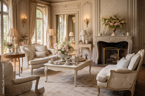 Elegant French Provincial Living Room Interior with Vintage Charm, Timeless Beauty, and Cozy Comfort Featuring Hardwood Floors, Distressed Finishes, and Plush Seating. © aicandy