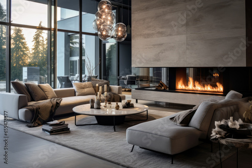 A Captivating Interior Photo of a Luxurious Living Room: Elegance in Silver, Stylish Design, and Cozy Ambiance with Sleek Silver Accents, Plush Sofa, and Floor-to-Ceiling Windows. © aicandy