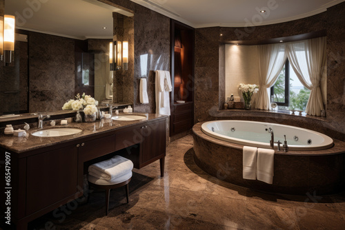 A Spacious and Stylish Bathroom with Rich Brown Accents, Elegant Furniture, and Modern Amenities, Creating a Cozy and Sophisticated Atmosphere of Warmth and Relaxation