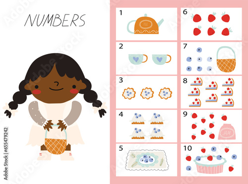 Learning numbers cards for babies. Cartoon count cards set for preschoolers and toddlers. Learning arithmetic for kids.