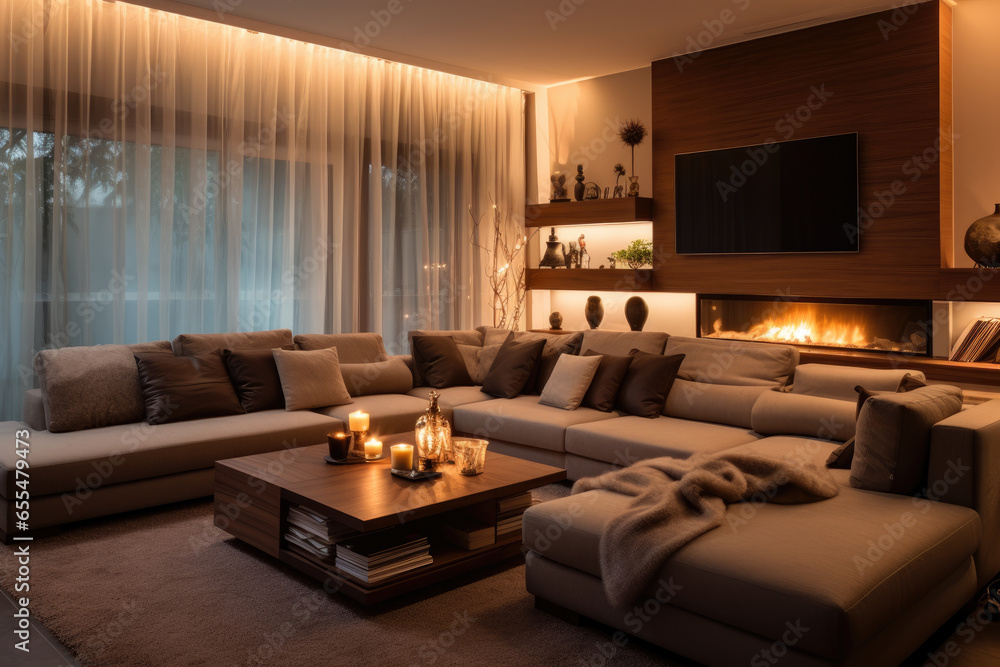 Elegant and Cozy Living Room Interior with Stylish Furniture, Warm Lighting, and Harmonious Brown and Cream Colors, Creating a Spacious and Inviting Ambiance. Elegant and Cozy Living Room Interior with Stylish Furniture, Warm Lighting, and Harmonious Brown and Cream Colors, Creating a Spacious and Inviting Ambiance.
