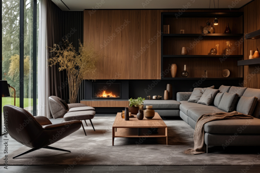 A Cozy and Elegant Living Room Interior with Modern Furniture, Stylish Decor, and a Soothing Ambiance in Gray and Brown Colors.