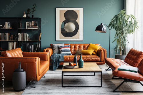 Step into a stylish living room blending retro-modern aesthetics with cozy corners, timeless furniture, and eclectic art for a nostalgic and contemporary ambiance. photo