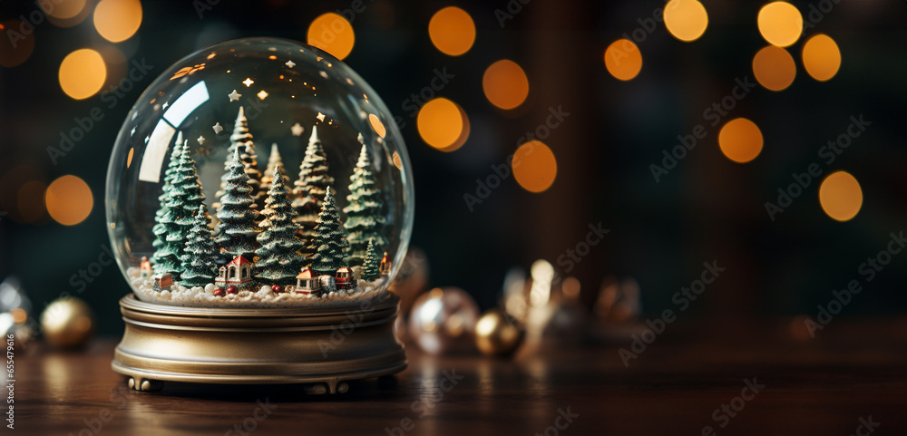 Christmas Snow Globe with Pine Trees and Cabin on a Wood Surface Banner ...