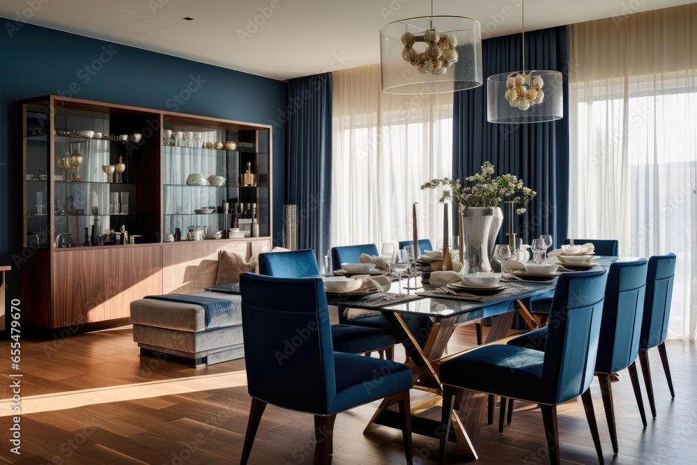A harmonious blend of elegant navy blue and beige colors creates an inviting and cozy dining experience in this sophisticated, contemporary design with natural light, comfortable upholstery
